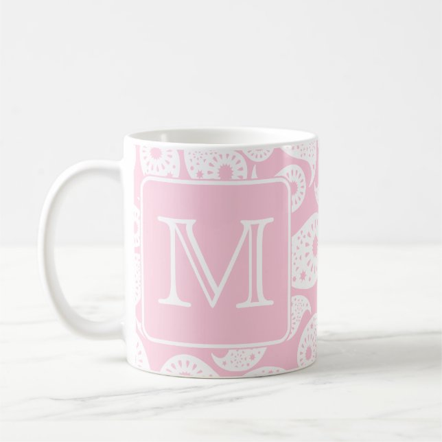 Mug Votre monogramme de lettre. Modèle rose de Paisley (Gauche)