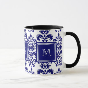 Mug Votre monogramme, Modèle bleu de Damas de marine 