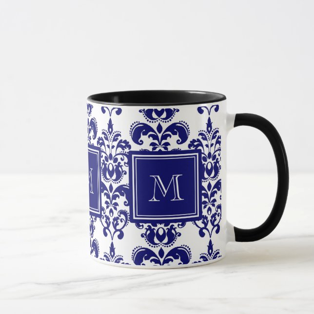 Mug Votre monogramme, Modèle bleu de Damas de marine 2 (Droite)