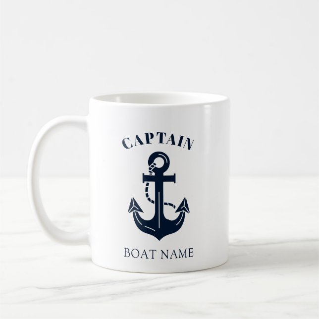 Mug Votre nom de bateau Ancre Bleue Capitaine (Gauche)