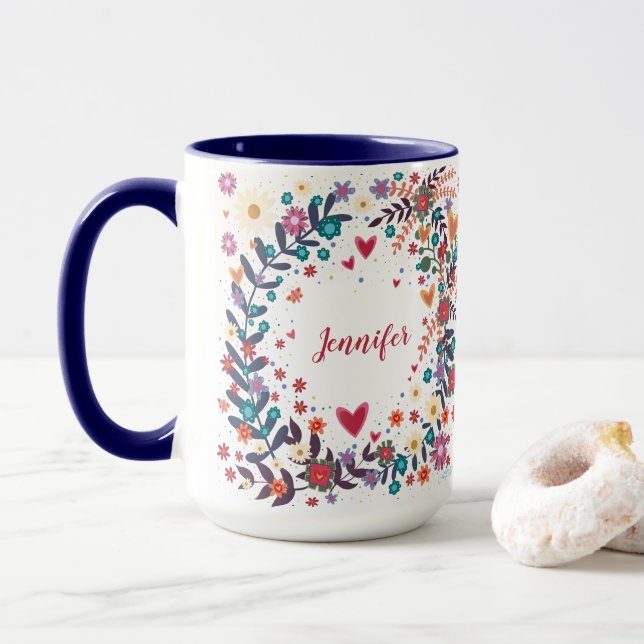 Mug Votre nom Floral Personnalisé Plutôt Inspiritisme (Avec donut)
