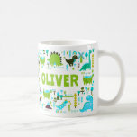 Mug Votre nom personnalisé Enfants Bleu Vert Vert Dino<br><div class="desc">Montrez à vos petits l'amour et le soutien avec notre mignonne Mug Dinosaurus! Cette mignonne tasse pour enfants propose un motif amusant de dinosaures vert et bleu vif, parfait pour le décor de chambre pour enfants, personnalisez-la avec son nom personnalisé. Vous pouvez changer la couleur des polices et des polices...</div>