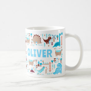 Mug Votre nom personnalisé Kids Cute Blue Brown Dinosa