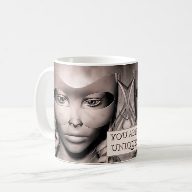 Mug Vous Êtes Unique. Femme en masque masqué (Devant gauche)