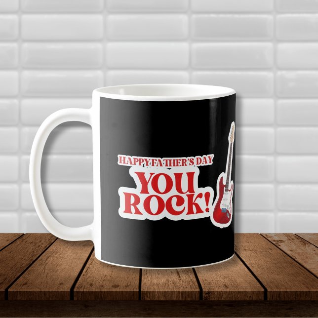 Mug Vous Rock Fête des pères (Black and White Coffee Mug with red guitar graphic and ted text: "Happy Father's Day, You Rock!")