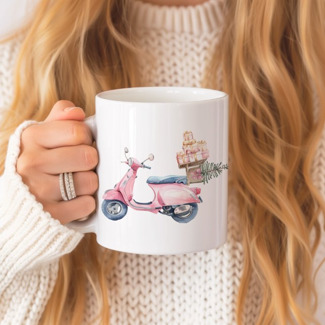 Mug Voyage de courses de Noël en scooter rose  (Pink Vespa Christmas Shopping Trip Mug)