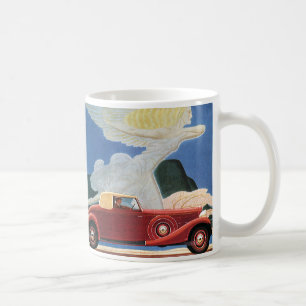 Mug Voyage Vintage, voiture rouge antique avec femme n