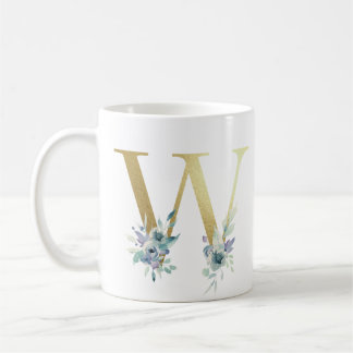 Mug W, initial doré avec feuillage floral bleu