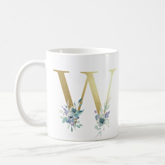 Mug W, initial doré avec feuillage floral bleu (Gauche)