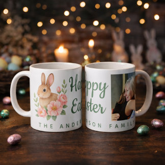 Mug Watercolor Bunnt and Pink Floral Wreath Easter