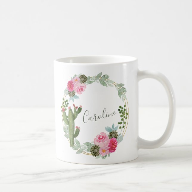Mug Watercolor Cactus Pink Floral Wreath Personalized  (Droite)