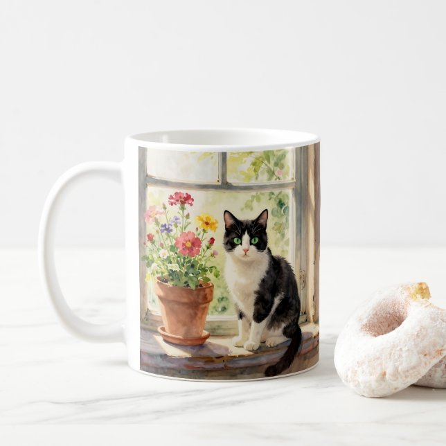 Mug Watercolor Cat, Flowers and Poem (Avec donut)