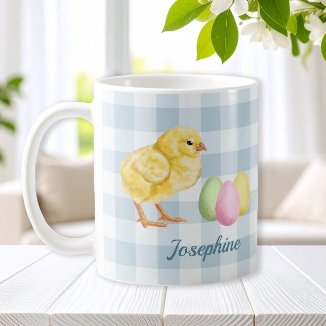 Mug Watercolor Chick And Eggs On Blue With Name (Créateur téléchargé)