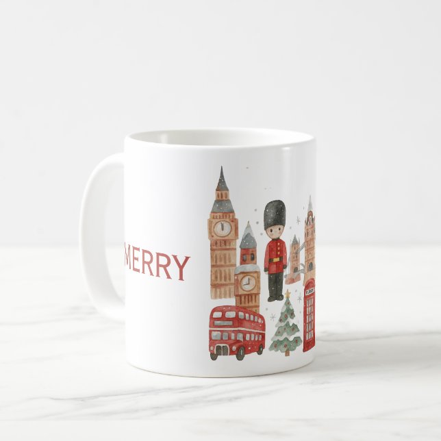 Mug Watercolor Christmas in London Red Bus, Big Ben (Devant gauche)