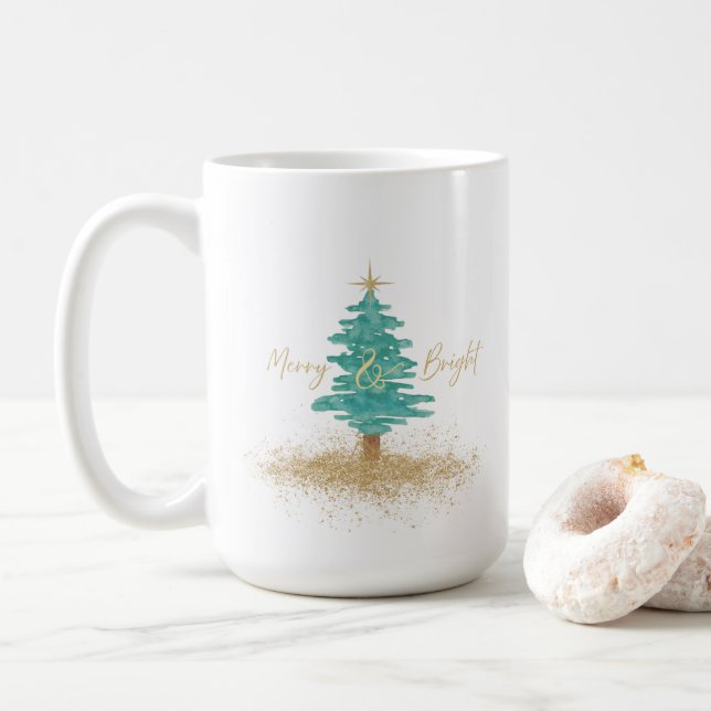 Mug Watercolor Christmas Tree "Merry & Bright" Holiday (Avec donut)