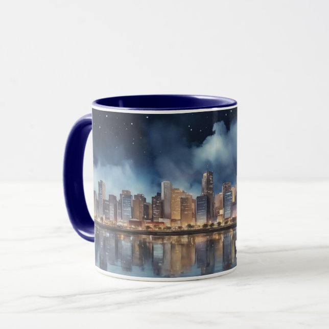 Mug Watercolor City Night Vue avec lac (Devant gauche)