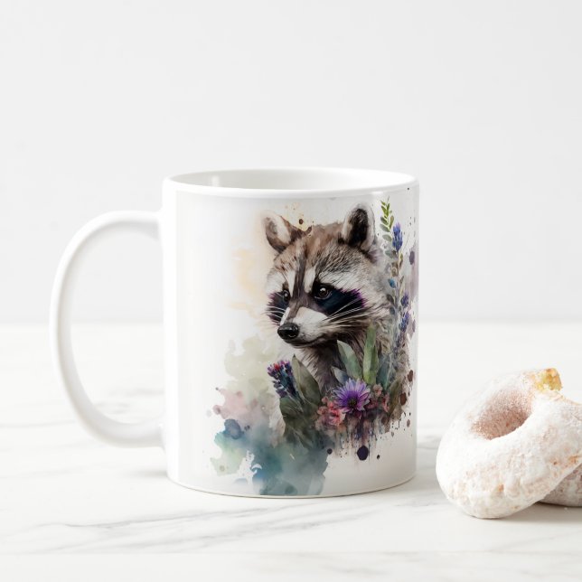 Mug Watercolor Cute Raccoon Spring Flowers         (Avec donut)