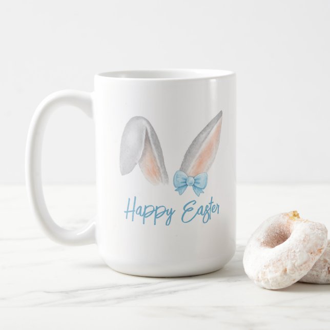Mug Watercolor Easter Rabbit Ears with Blue Bow Spring (Avec donut)