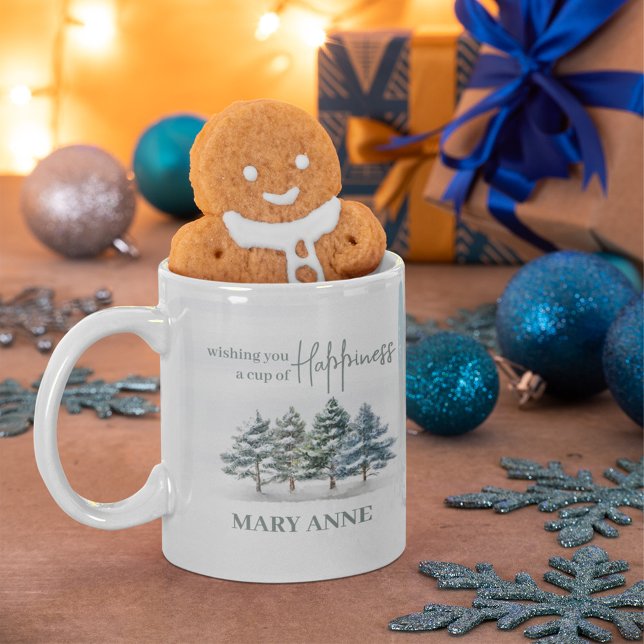 Mug Watercolor Elegant Forest Personnalisé (Watercolor winter woodland personalized mug.)