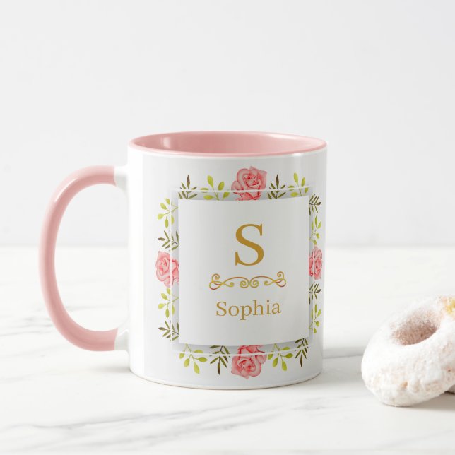 Mug Watercolor Floral Monogram I Custom Gold Initial (Avec donut)