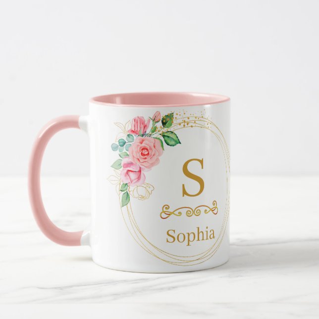 Mug Watercolor Floral Monogram I Custom Gold Initial (Gauche)