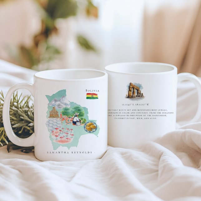 Mug Watercolor Illustrated Map Bolivia | Monogram (Créateur téléchargé)