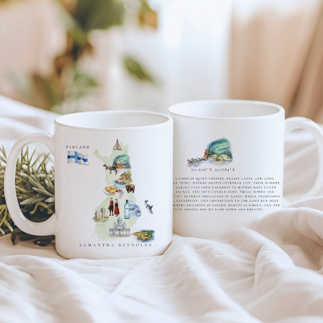 Mug Watercolor Illustrated Map Finland | Monogram (Créateur téléchargé)