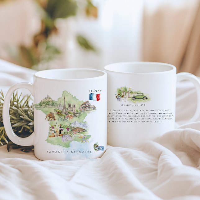Mug Watercolor Illustrated Map France | Monogram (Créateur téléchargé)