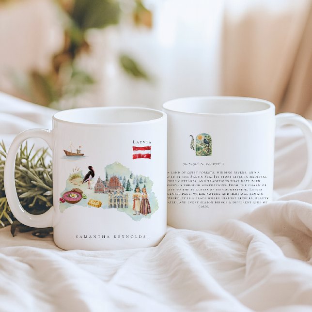 Mug Watercolor Illustrated Map Latvia | Monogram (Créateur téléchargé)