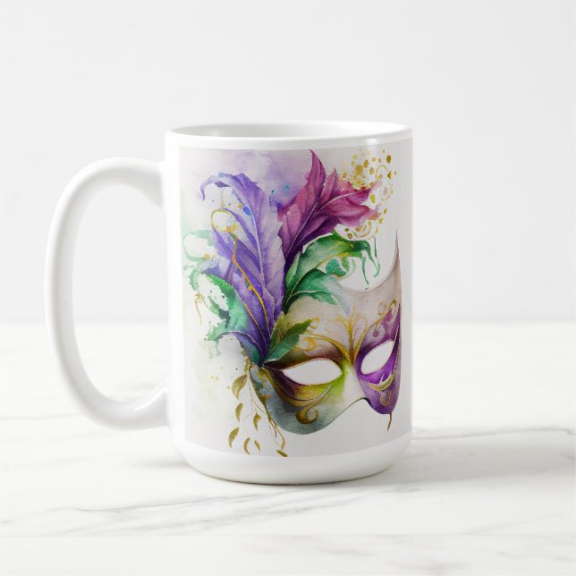 MUG WATERCOLOR MARDI GRAS MASQUES & FEATHERS (Gauche)