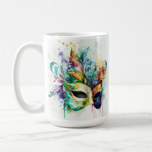 MUG WATERCOLOR MARDI GRAS MASQUES & FEATHERS