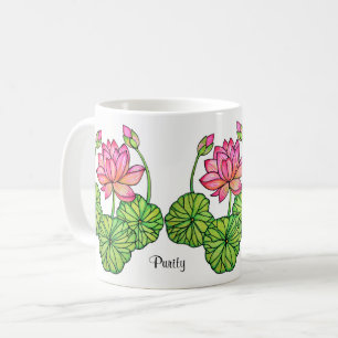 Mug Watercolor Pink Lotus with Buds & Leaves