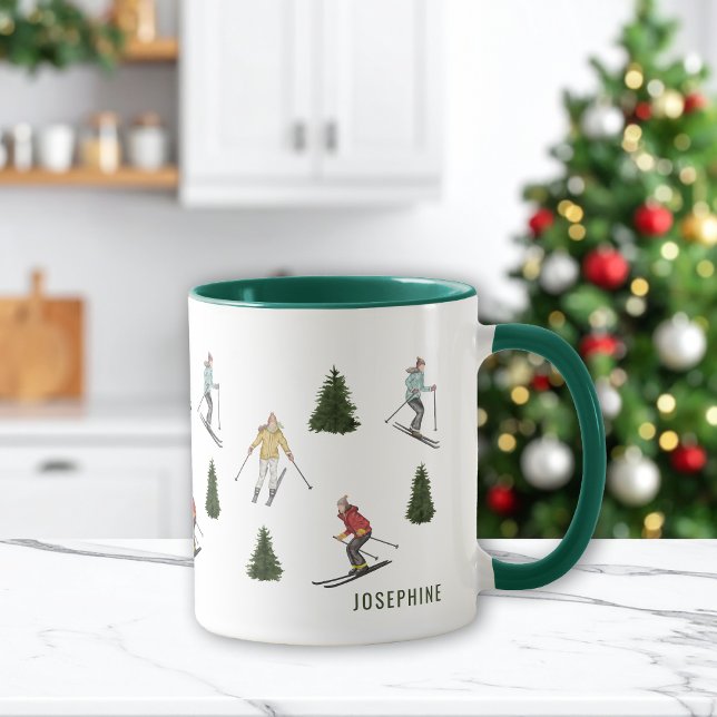 Mug Watercolor Skiers And Fir Trees With Name Festive (Créateur téléchargé)