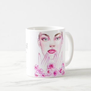 Mug Watercolor woman and roses beauty salon branding