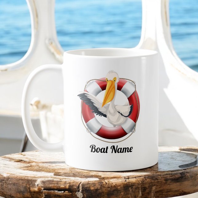 Mug Waving Pelican in Buoy with Boat Name (Créateur téléchargé)