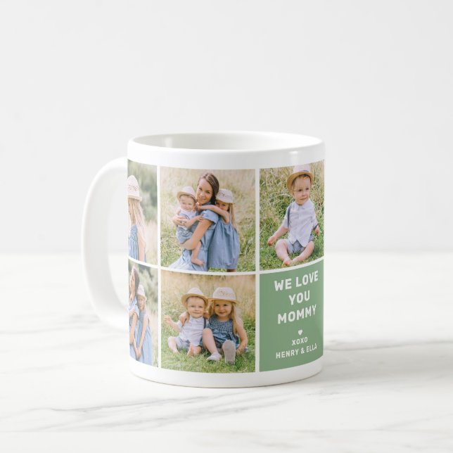 Mug We Love Mommy Modern Green Photo Collage (Devant gauche)