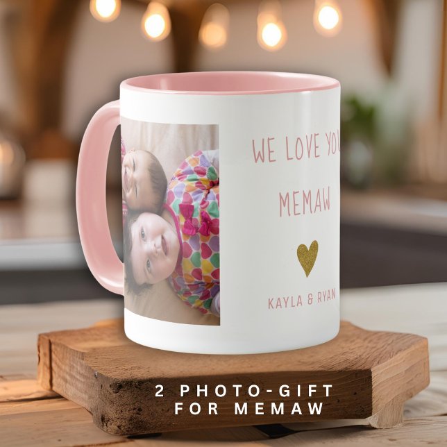 Mug We Love You Memaw 2 Photo Collage Grand-mère rose (We Love You Memaw 2 Photo Collage Grandma Pink Mug)
