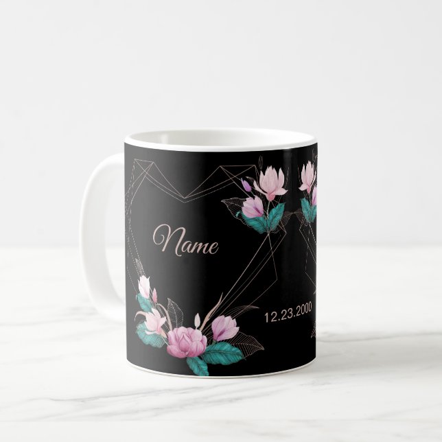 Mug Wedding Pink Floral Golden Geometric Elegant Black (Devant gauche)