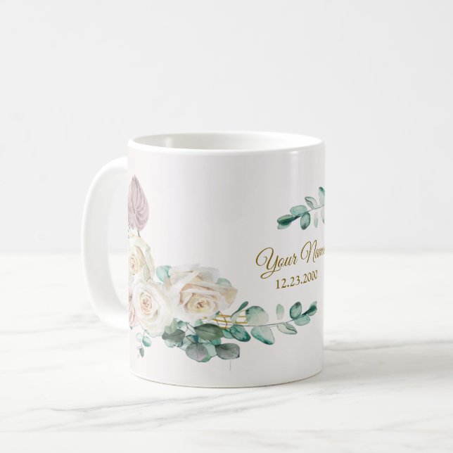 Mug Wedding Pink Rose Watercolor Golden Dusty Party (Devant gauche)