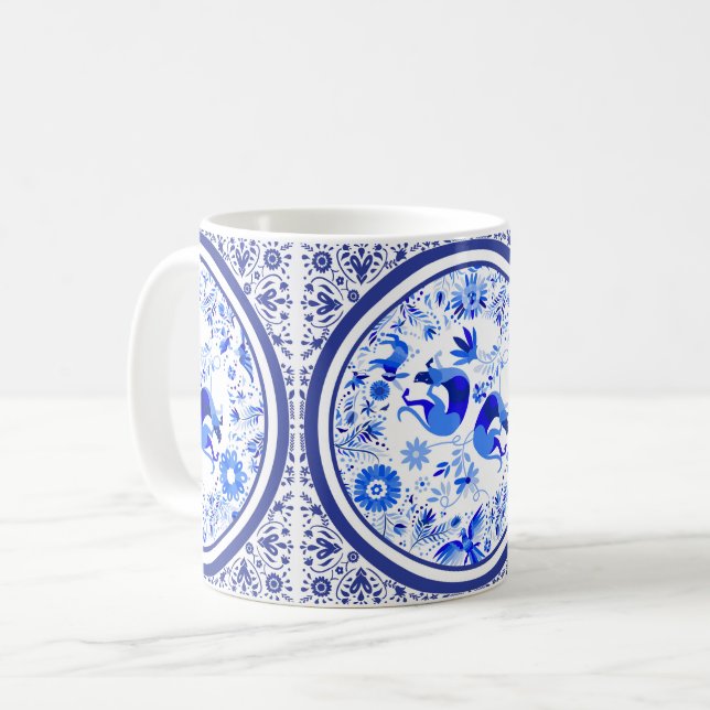 Mug Weimaraners, Lapins et Oiseaux Otomi Bleu & Blanc  (Devant gauche)