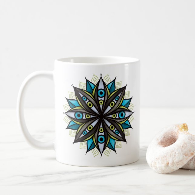 Mug Weird Eyes Mandala Art - Trippy Flower Blue Green (Avec donut)