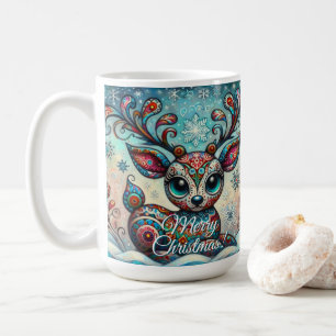 Mug Whimsical Big Eyes Christmas Reindeer Folk Art