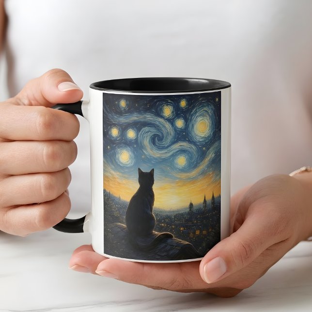 Mug Whimsical Black Cat & Swirling Sky Art Coffee Cup (Créateur téléchargé)