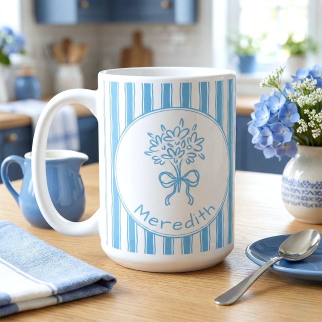 Mug Whimsical Blue White Stripe Preppy Monogram (Créateur téléchargé)