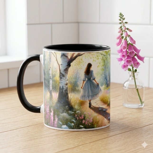 Mug Whimsical Girl Dancing Through Birch Forest (Whimsical Girl Dancing Through Birch Forest Mug)