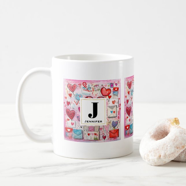 Mug Whimsical Hearts and Love Lettres Motif Monogramme (Avec donut)