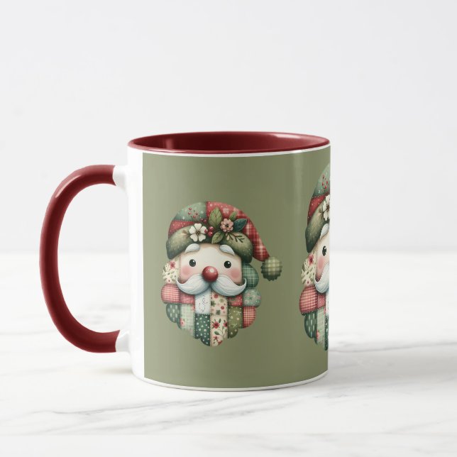 Mug Whimsical Patchwork Santa Folk Christmas (Gauche)