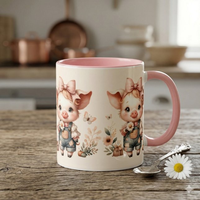 Mug Whimsical Piglet in Pastel Overalls Peach (Whimsical Piglet in Pastel Overalls Peach Mug)