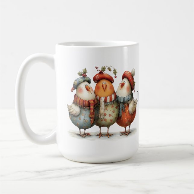 Mug Whimsical Three French Hens 12 Days Christmas 15oz (Gauche)