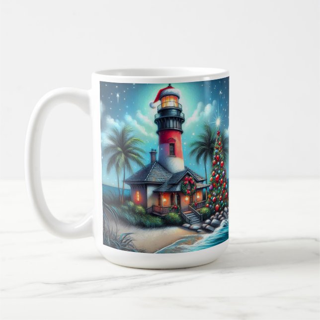 Mug Whimsical Tropical Christmas Lighthouse Turquoise  (Gauche)